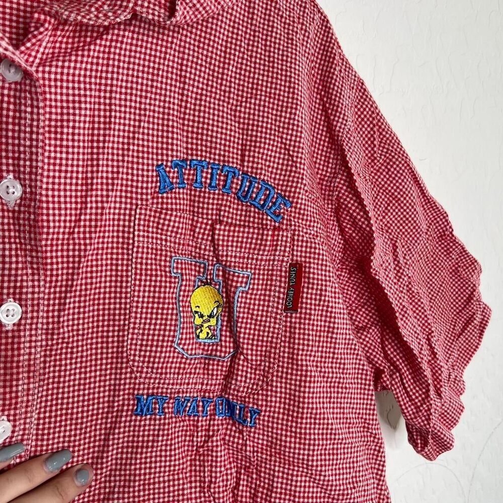 Looney Tunes Red & White Check Short Sleeve Button Up Shirt - Picture 5 of 9